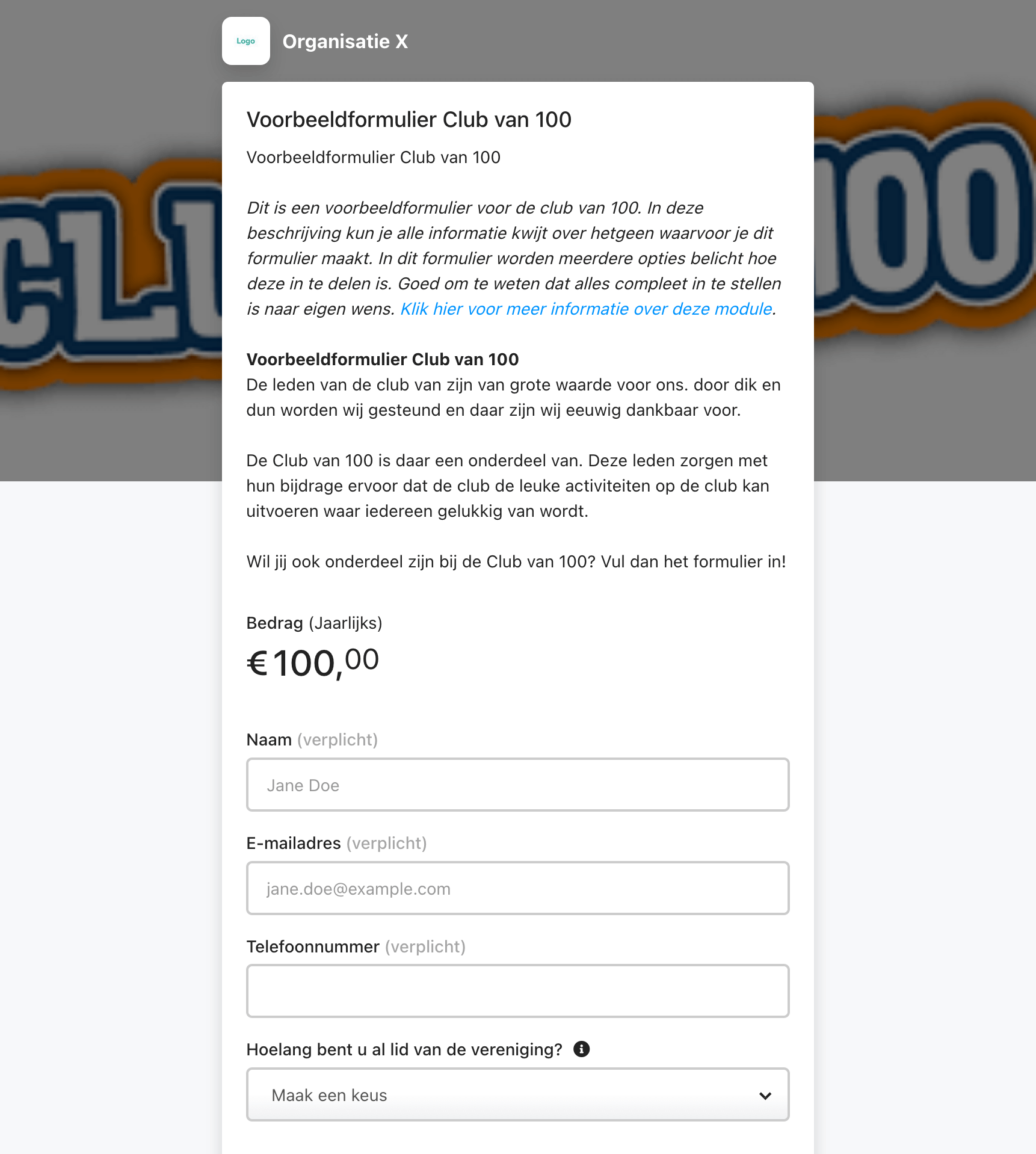 Voorbeeld van een inschrijfformulier voor de club van 100