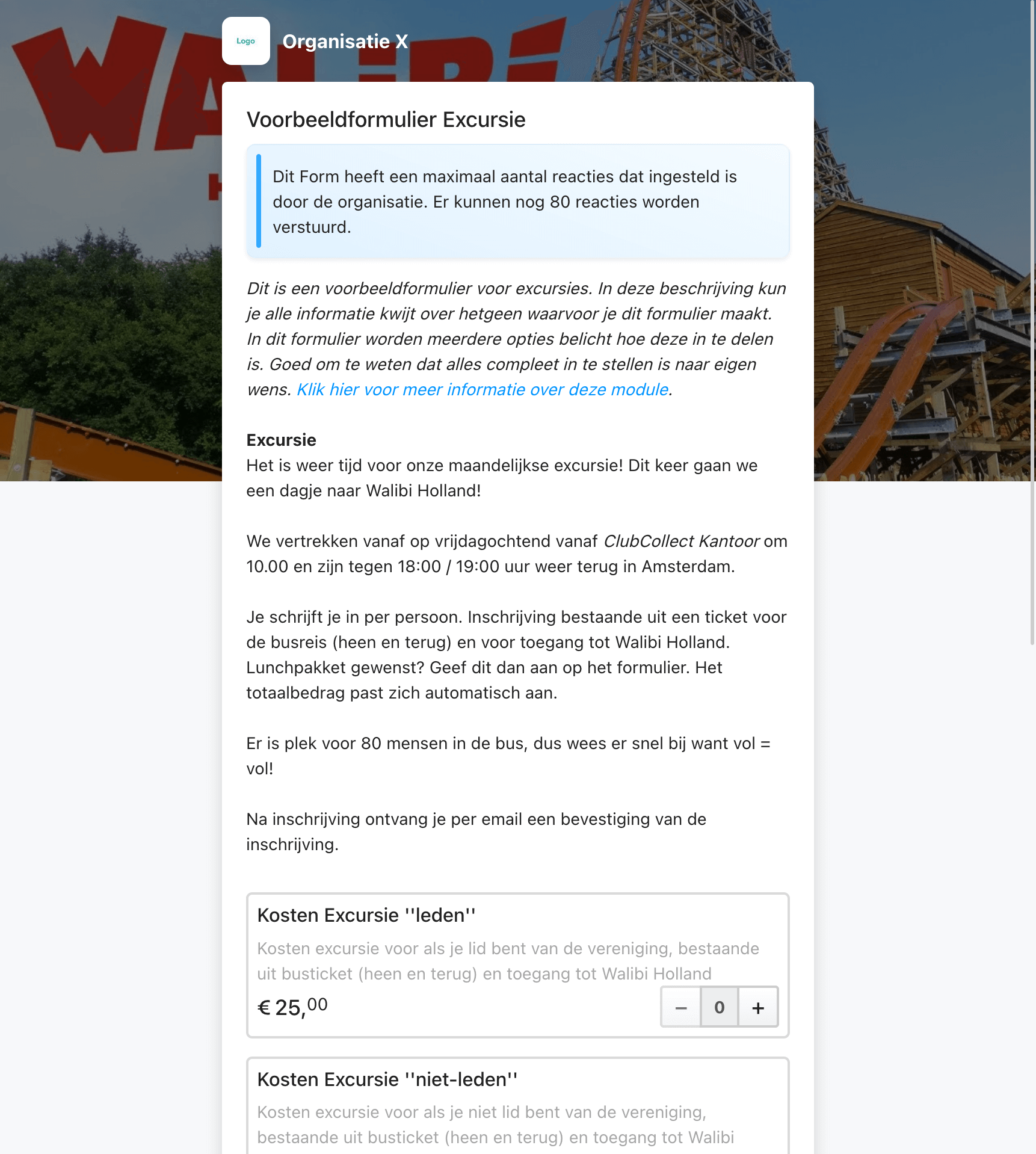 Voorbeeld van een inschrijfformulier voor een excursie