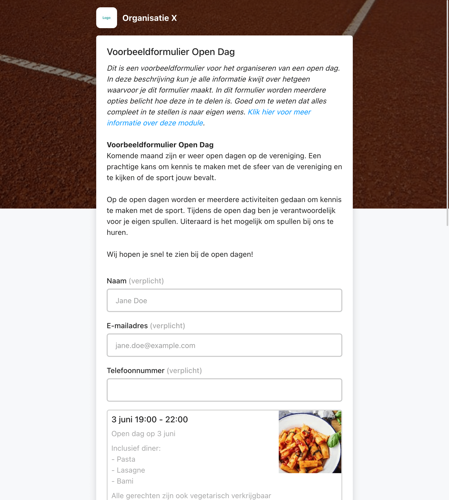 Voorbeeld van een inschrijfformulier voor een open dag