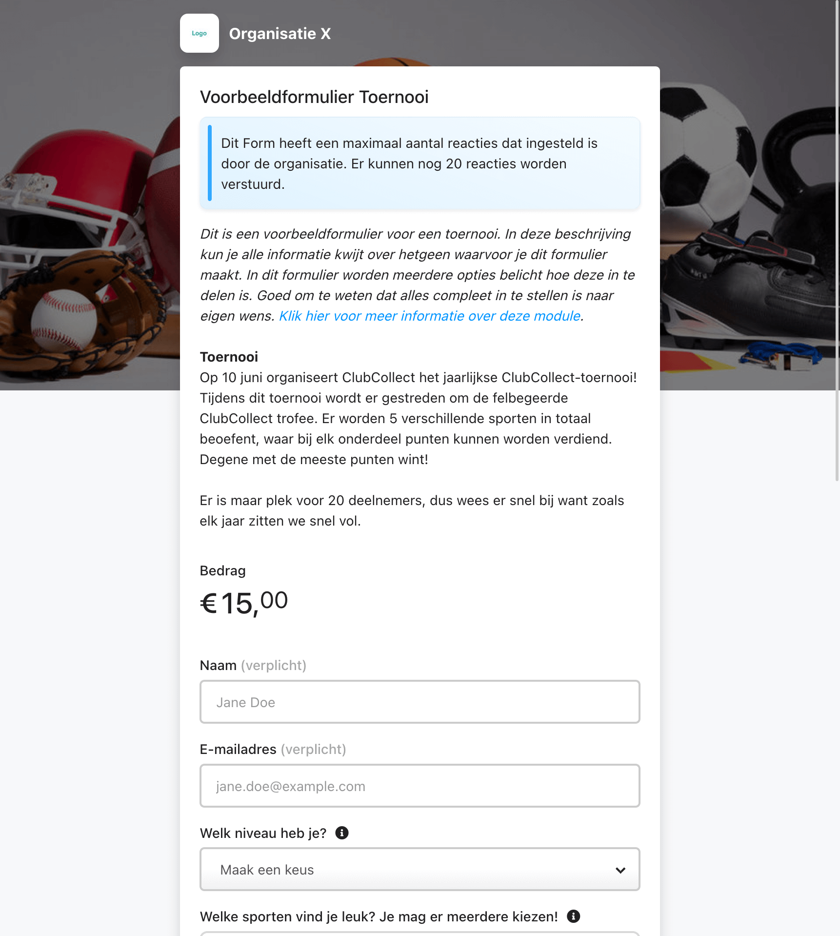 Voorbeeld van een inschrijfformulier voor een toernooi