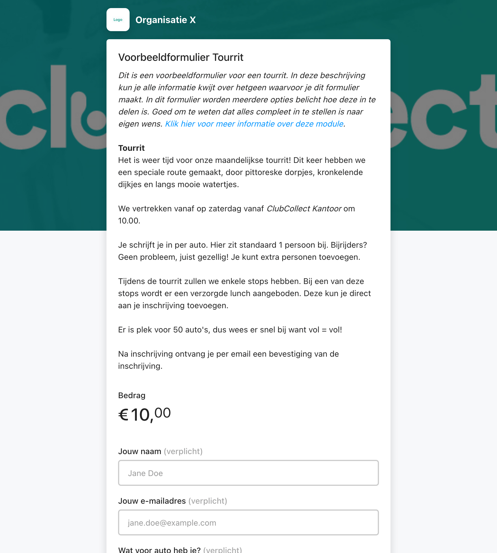 Voorbeeld van een inschrijfformulier voor een tourrit