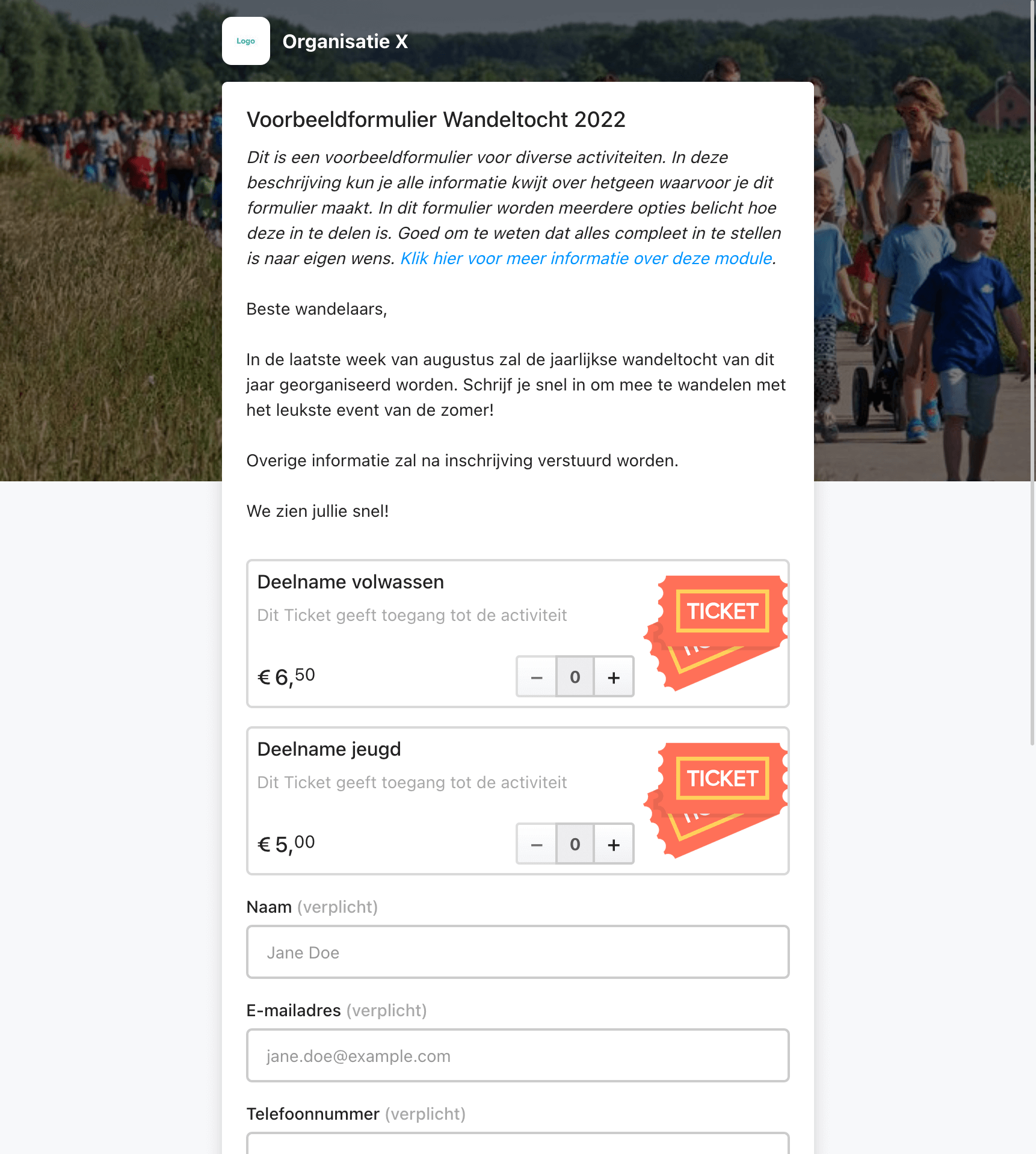 Voorbeeld van een wandeltocht inschrijfformulier